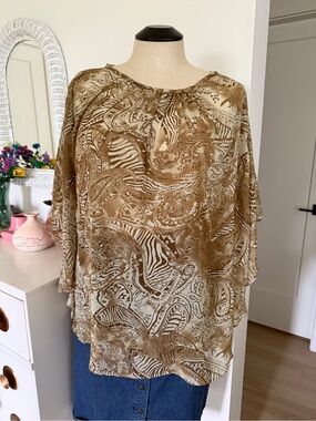 Plus Size Women's Brown Printed Silk-Like Blouse
